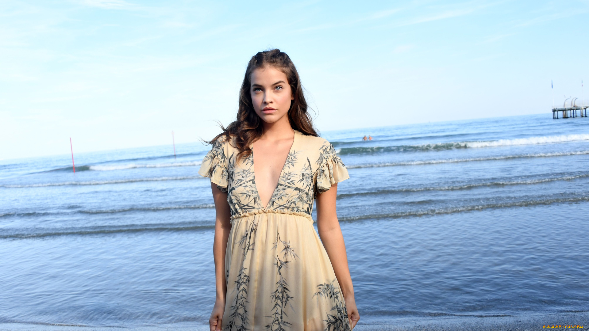 девушки, barbara, palvin, декольте, море, платье, модель, берег