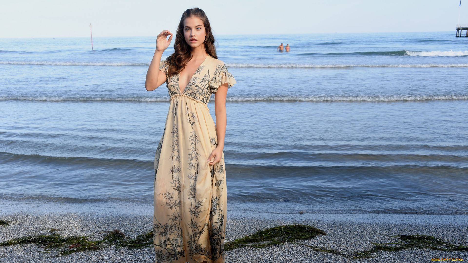 девушки, barbara, palvin, море, платье, модель, водоросли, берег