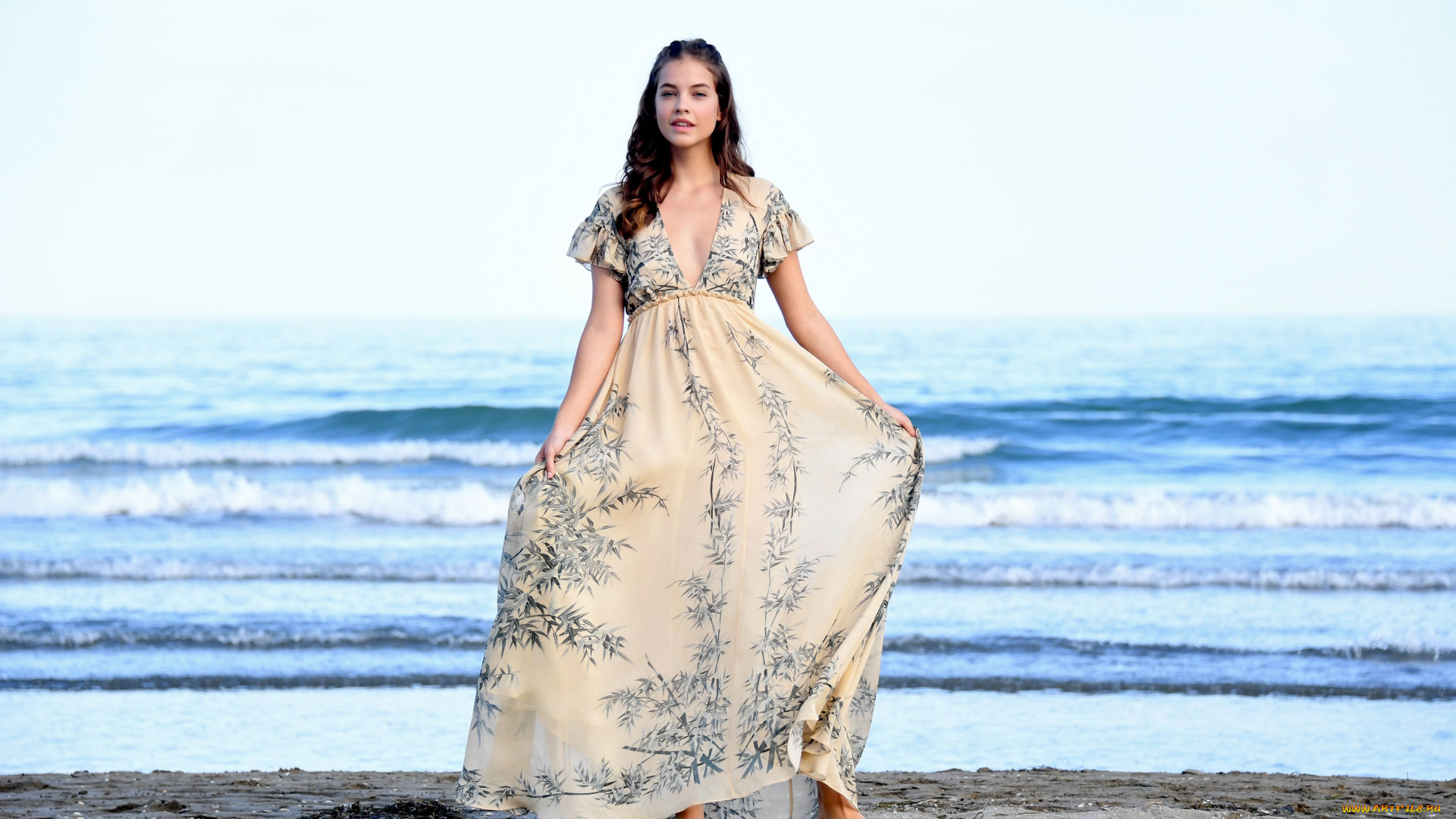 девушки, barbara, palvin, улыбка, море, платье, модель, берег