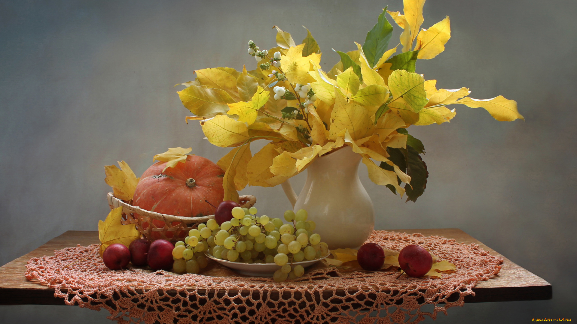еда, натюрморт, виноград, листья, райки, тыква, яблоки, осень