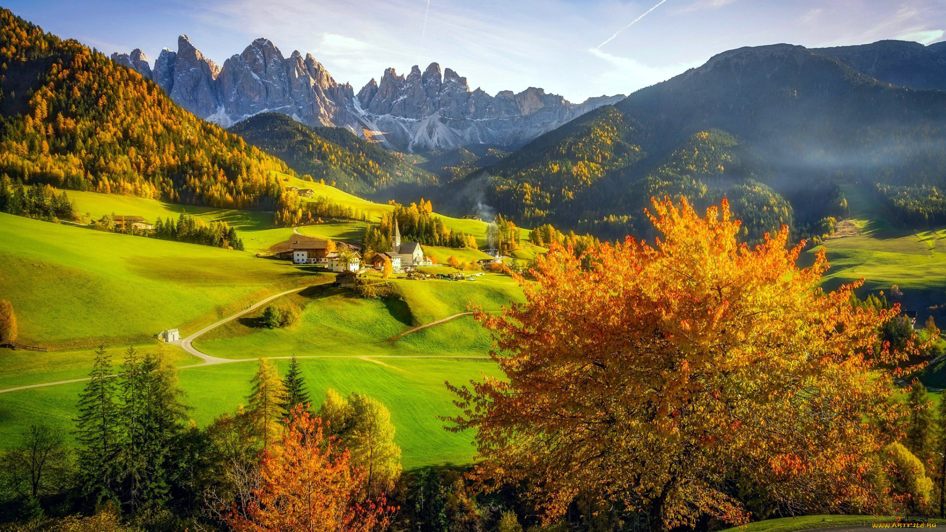 города, -, пейзажи, осень, деревушка, долина, горы