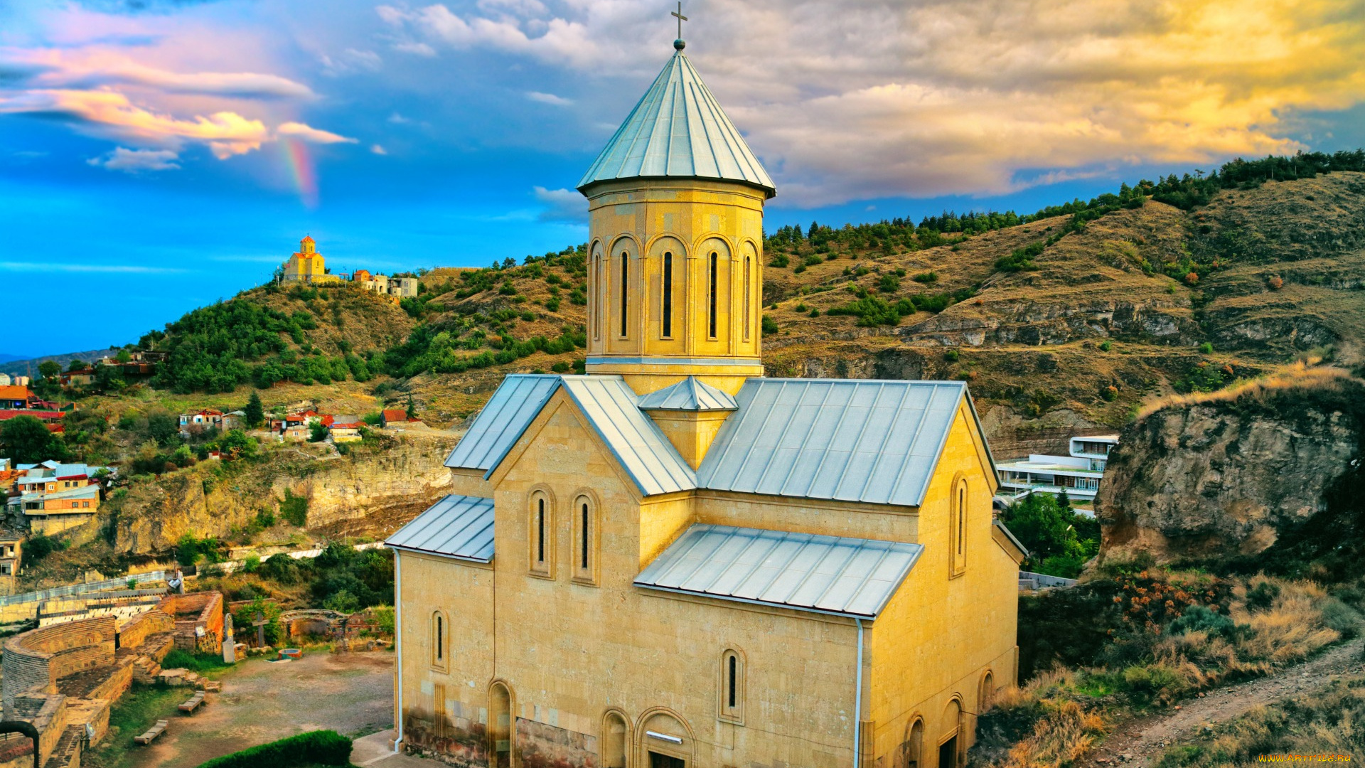 города, -, православные, церкви, , монастыри, небо, гора, дома, склон, церковь, облака, тбилиси, tbilisi, грузия