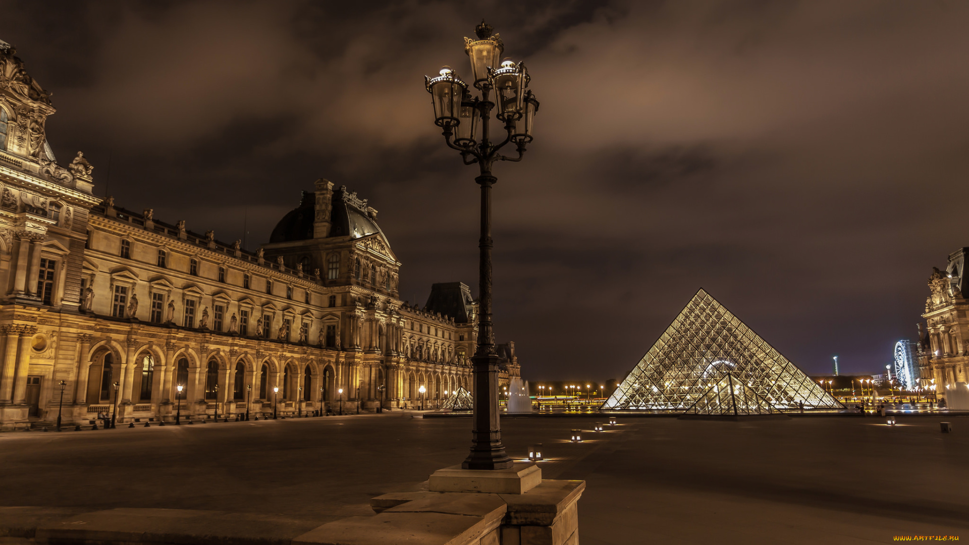 louvre, and, louvre, pyramid, paris, france, города, париж, , франция, ночь, площадь, дворец