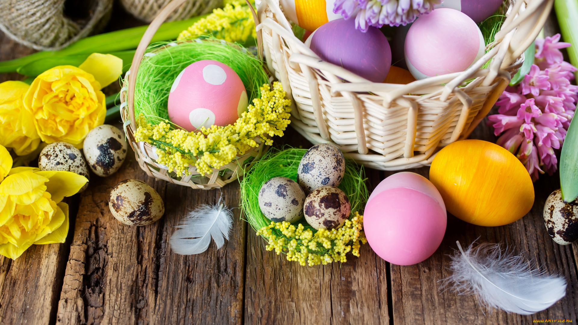 праздничные, пасха, easter, цветы, тюльпаны, basket, holidays, яйца, tulip, доски, eggs, гиацинты, корзина, spring, крашеные