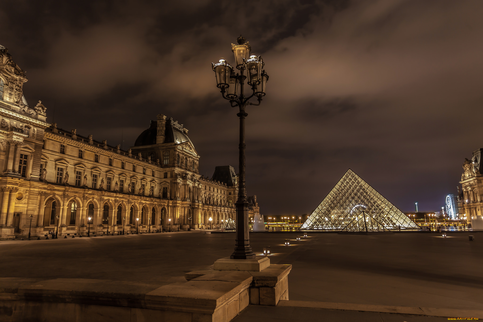 louvre, and, louvre, pyramid, paris, france, города, париж, , франция, ночь, площадь, дворец