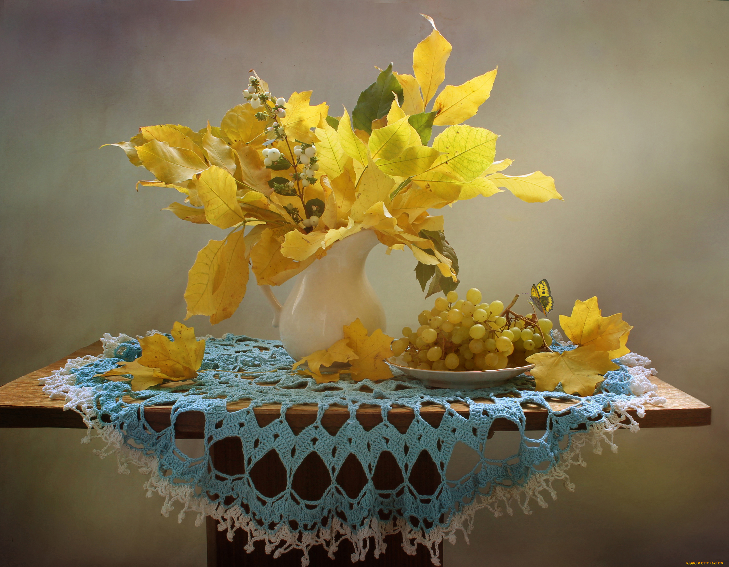 еда, виноград, сентябрь, листья, осень, натюрморт
