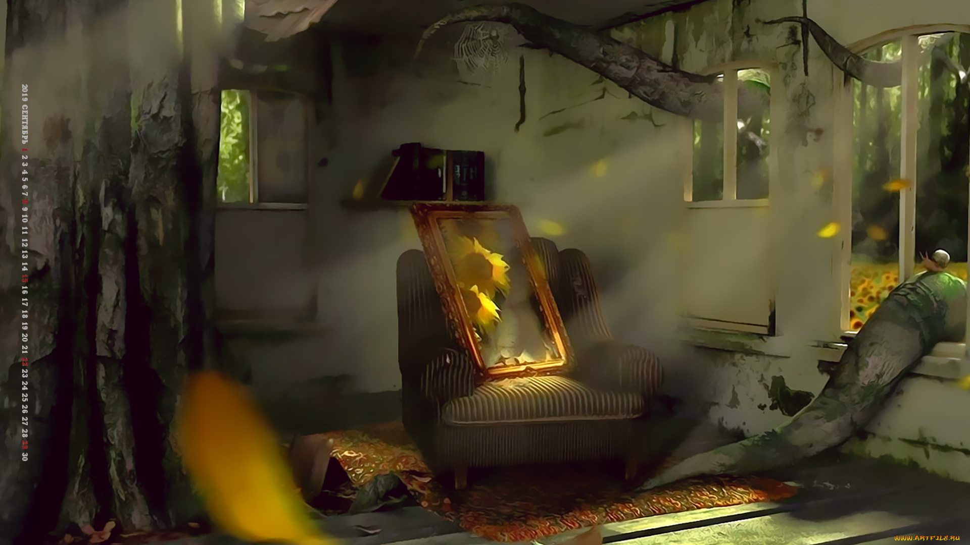 календари, фэнтези, 2019, calendar, кресло, корни, окно, комната