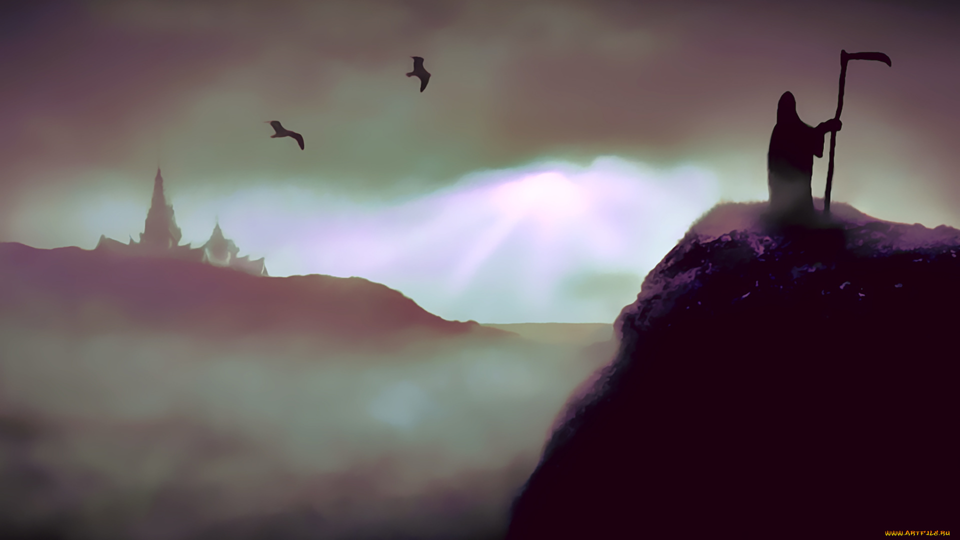 календари, фэнтези, 2019, calendar, ночь, коса, гора, здание