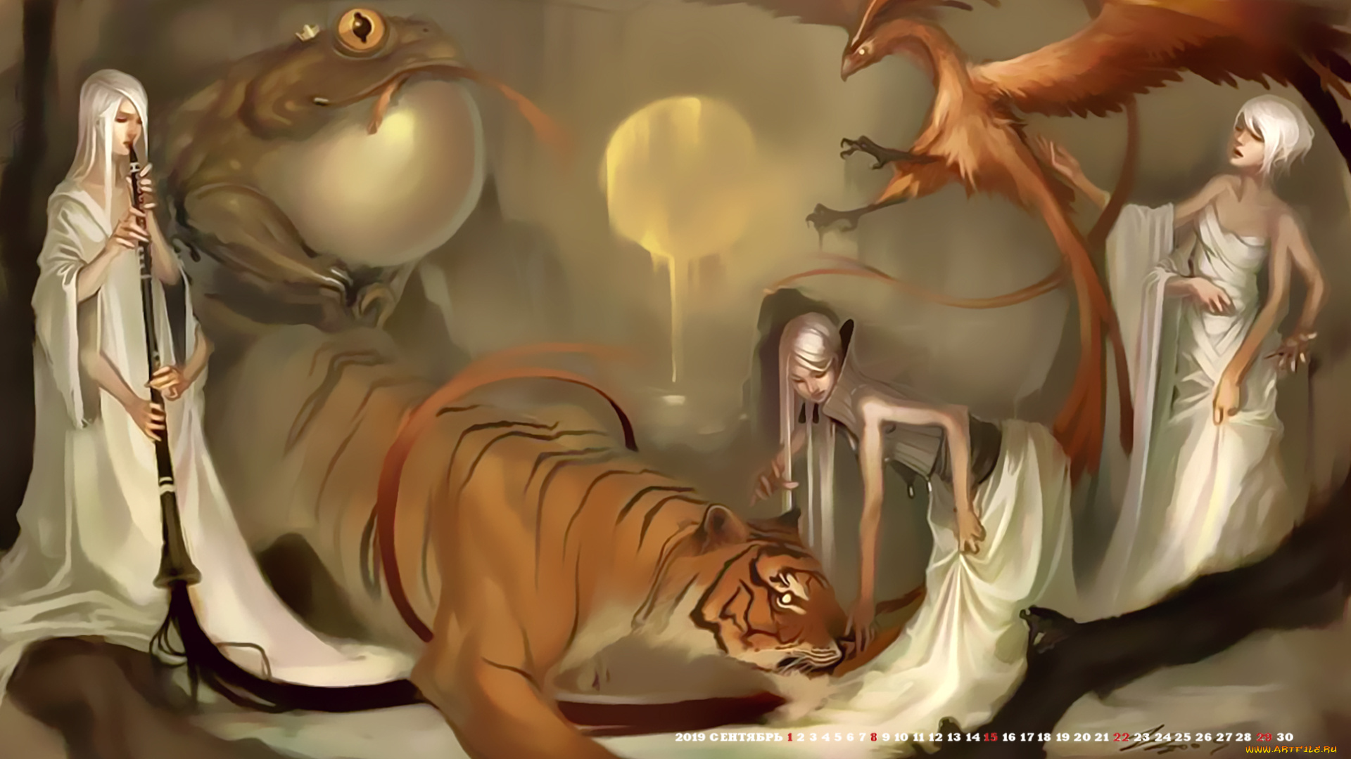 календари, фэнтези, 2019, calendar, тигр, птица, девушка