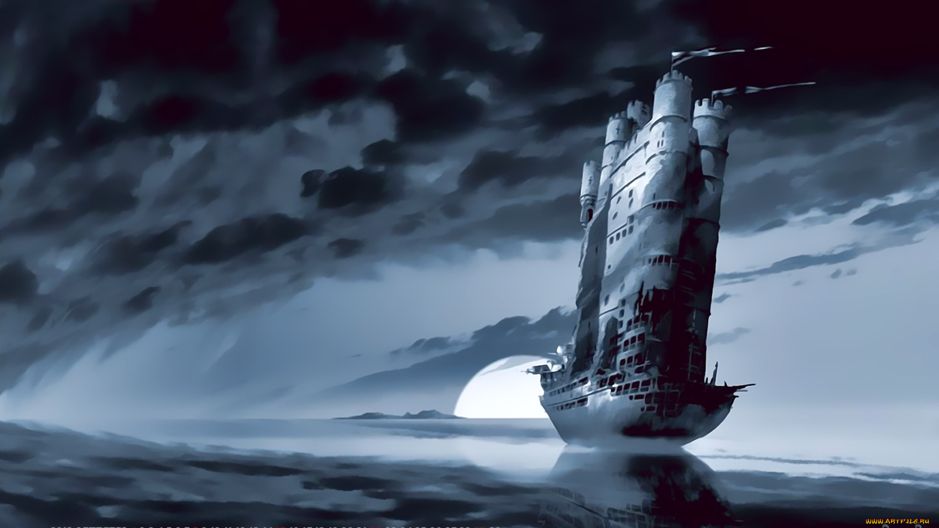 календари, фэнтези, 2019, calendar, водоем, корабль, замок