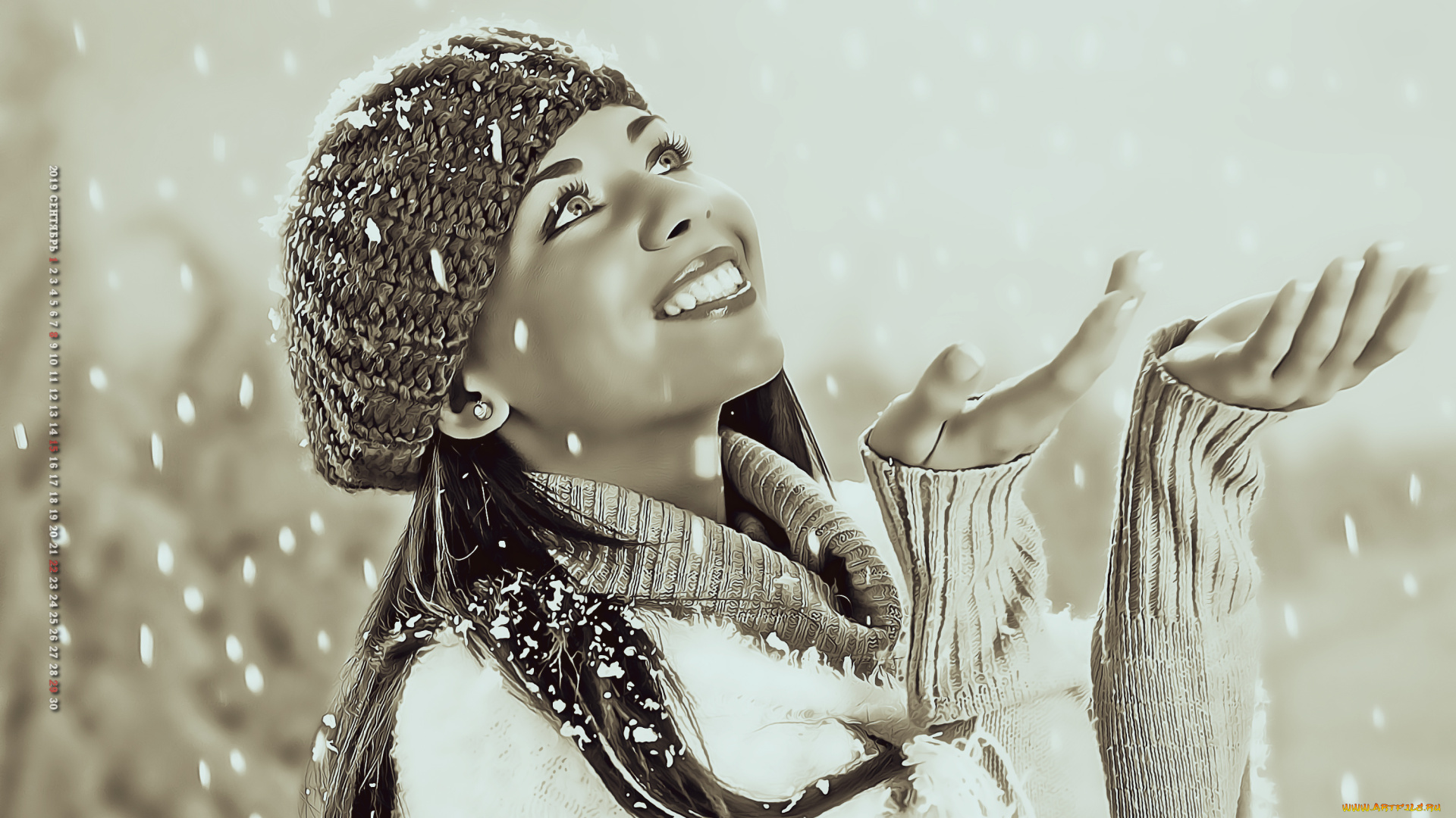 календари, компьютерный, дизайн, шапка, снег, улыбка, девушка, женщина, calendar, 2019