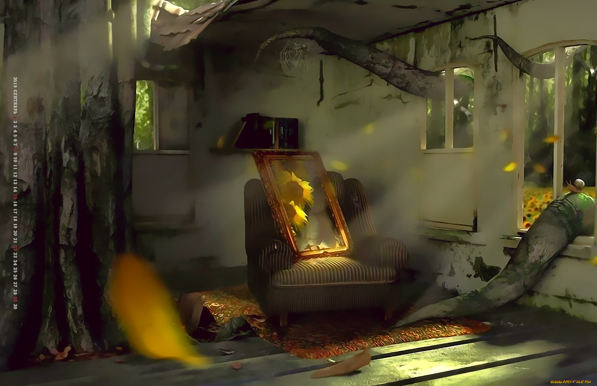 календари, фэнтези, 2019, calendar, кресло, корни, окно, комната