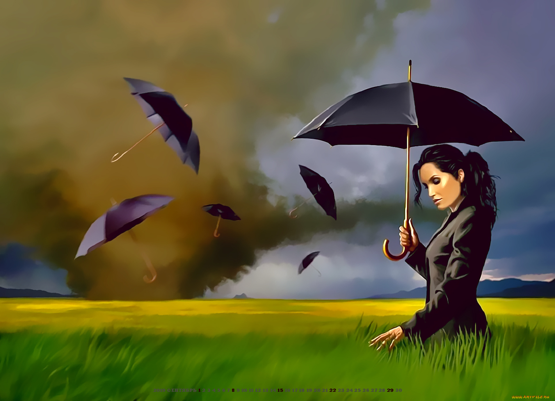 календари, рисованные, , векторная, графика, 2019, calendar, природа, растение, зонт, девушка