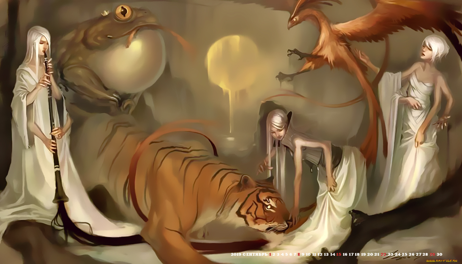 календари, фэнтези, 2019, calendar, тигр, птица, девушка