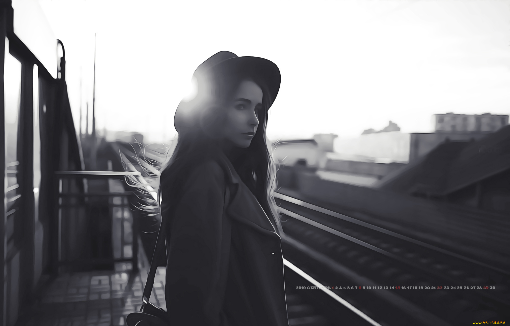 календари, компьютерный, дизайн, 2019, calendar, девушка, шляпа, рельсы, профиль, женщина