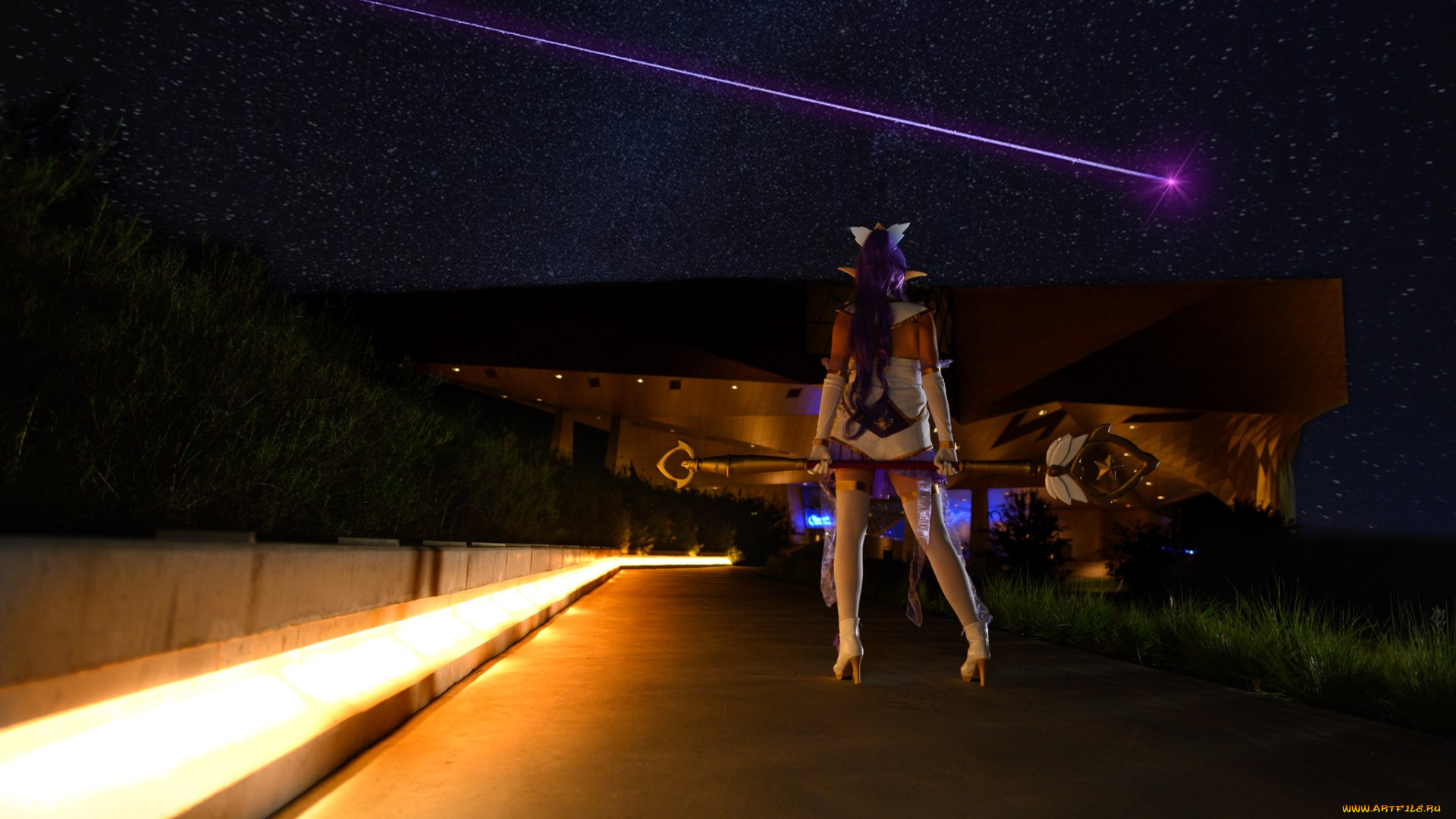 девушки, -, креатив, , косплей, небо, звезда, здание, костюм, посох, ночь