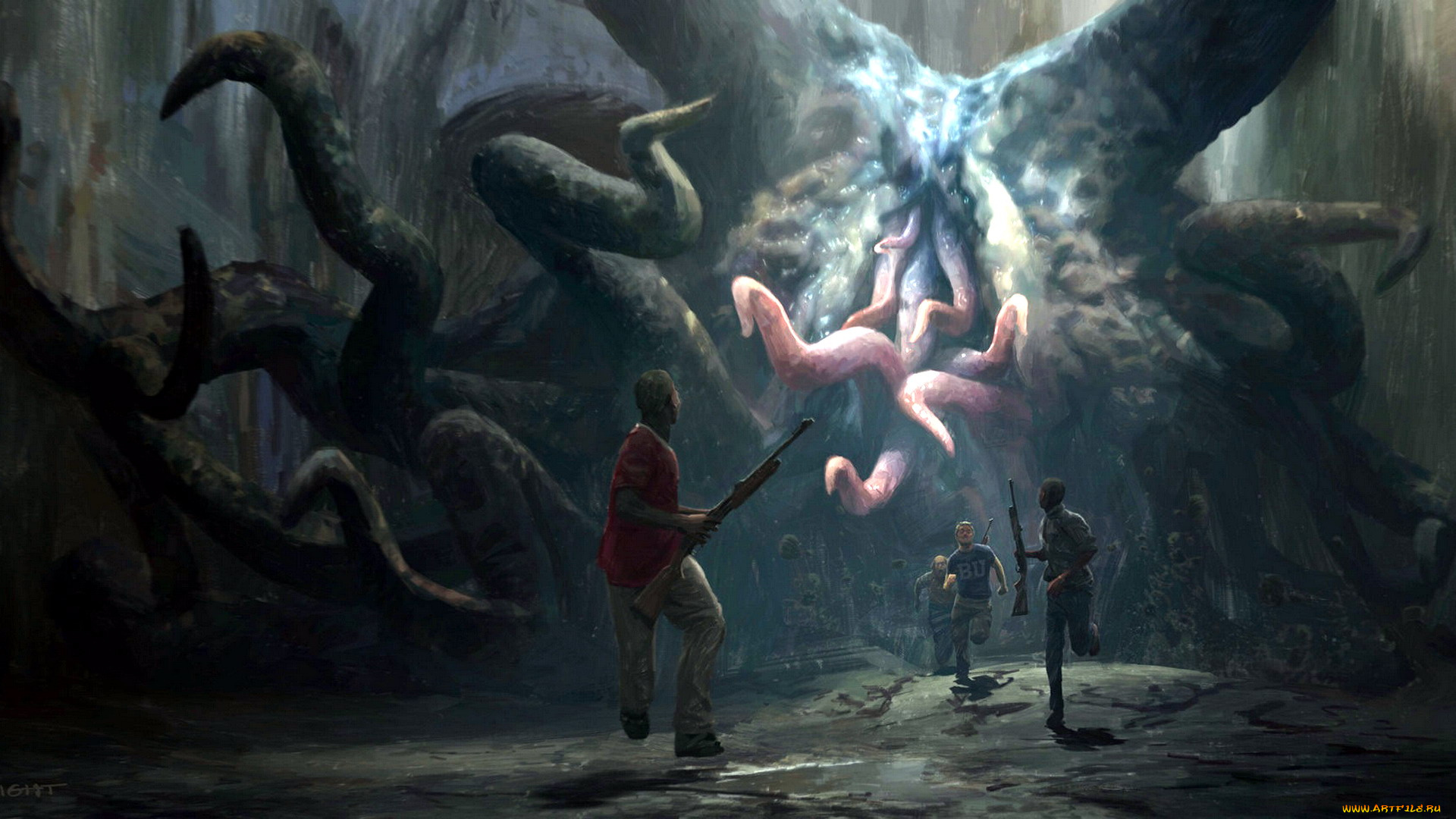 фэнтези, существа, монстр, щупальца, люди, оружие