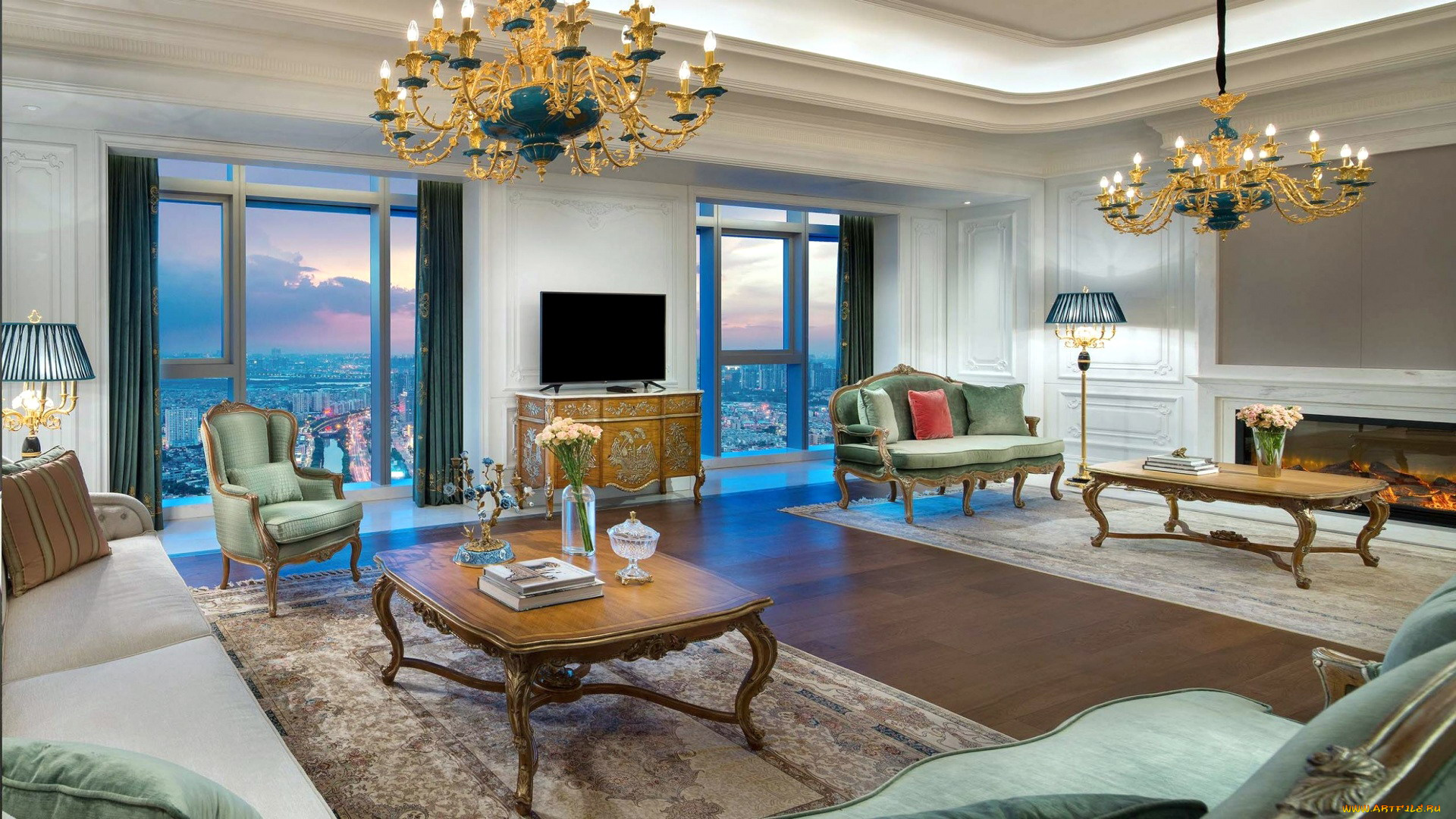 интерьер, гостиная, камин, ковры, люстры, диваны