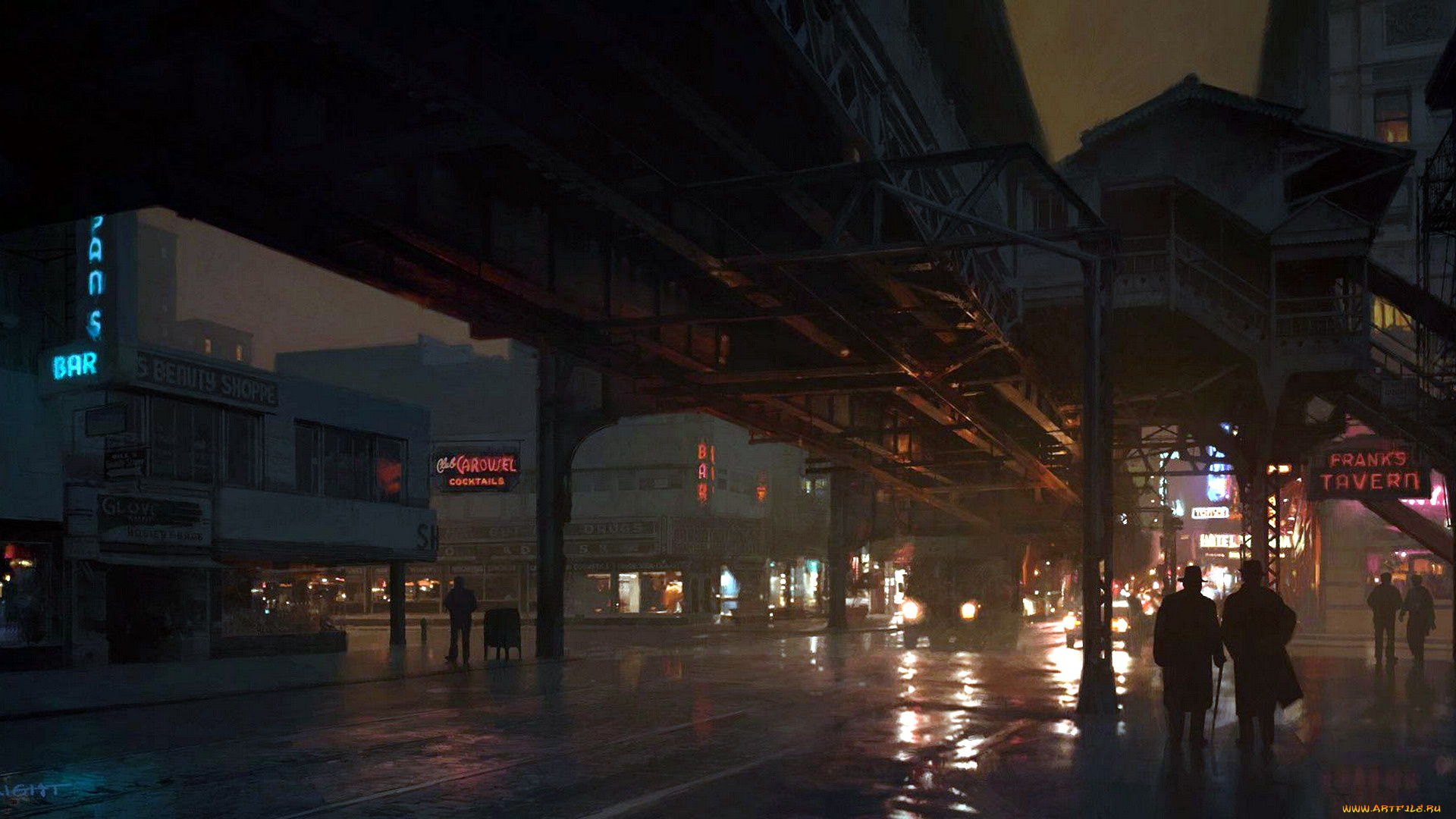 рисованное, города, город, огни, мост, люди, здания