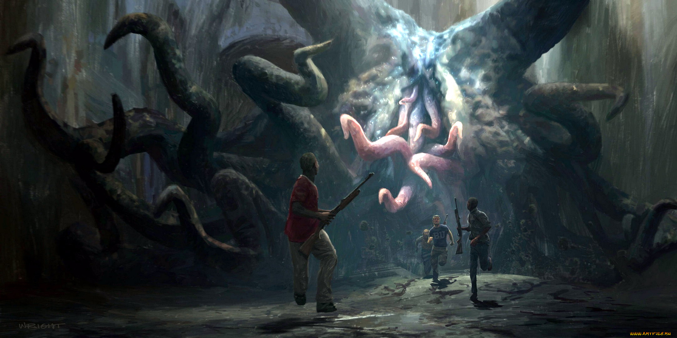 фэнтези, существа, монстр, щупальца, люди, оружие