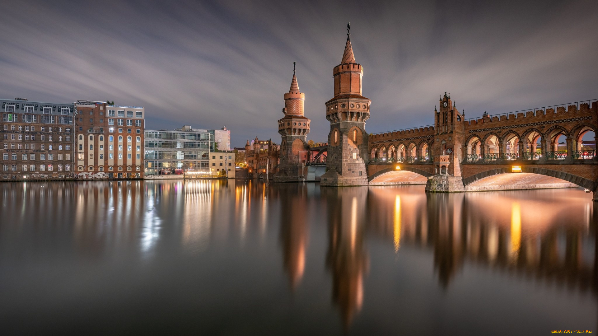 города, берлин, , германия, река, мост, вечер, огни