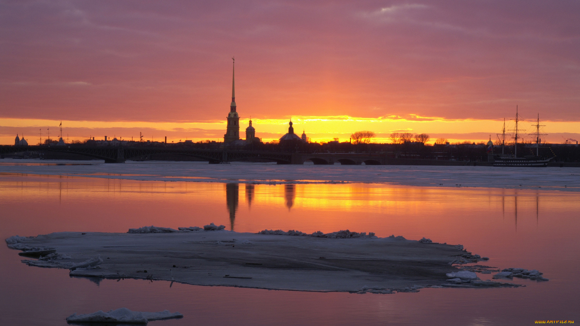 города, санкт-петербург, , петергоф, , россия, закат, шпили, река, лед