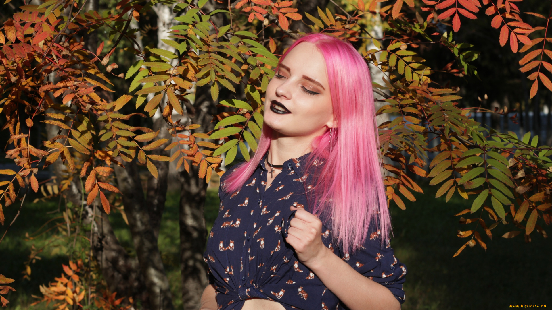 девушки, kirdjava, розовые, волосы, блузка, рябина