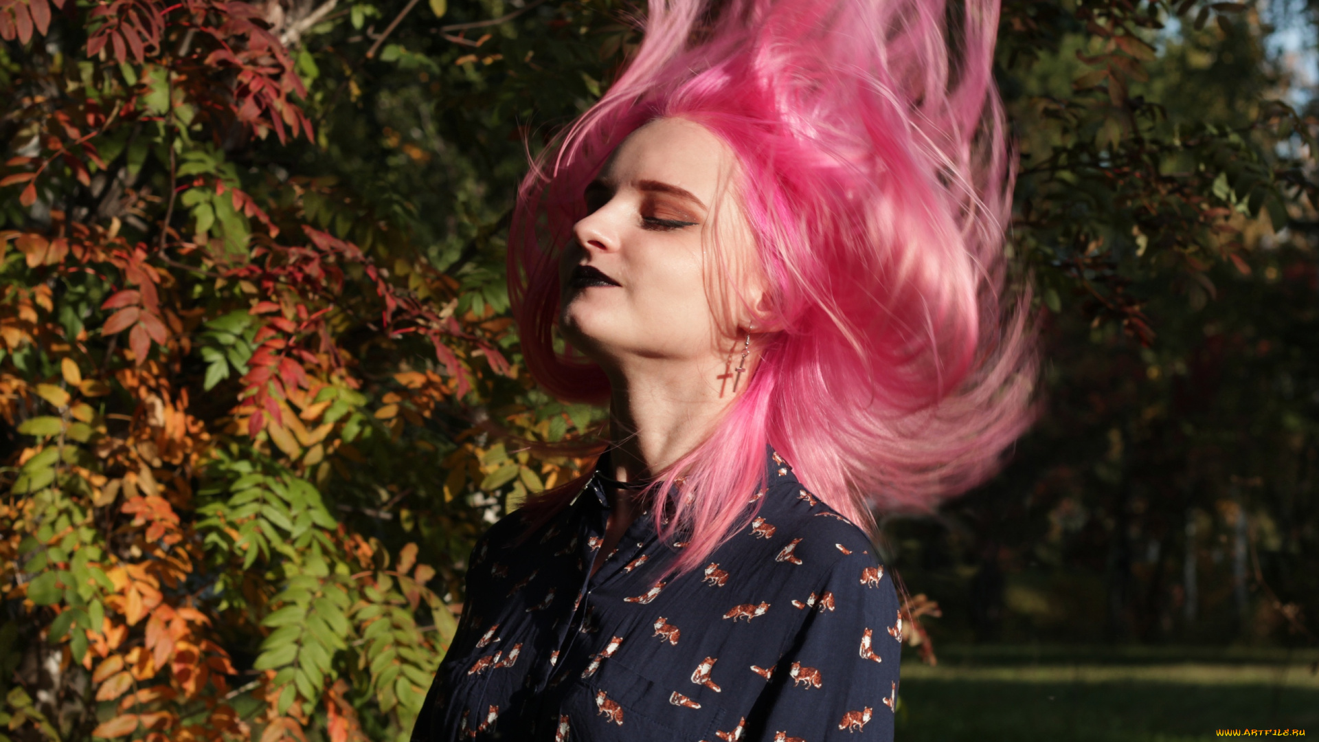 девушки, kirdjava, розовые, волосы, блузка, осень, деревья
