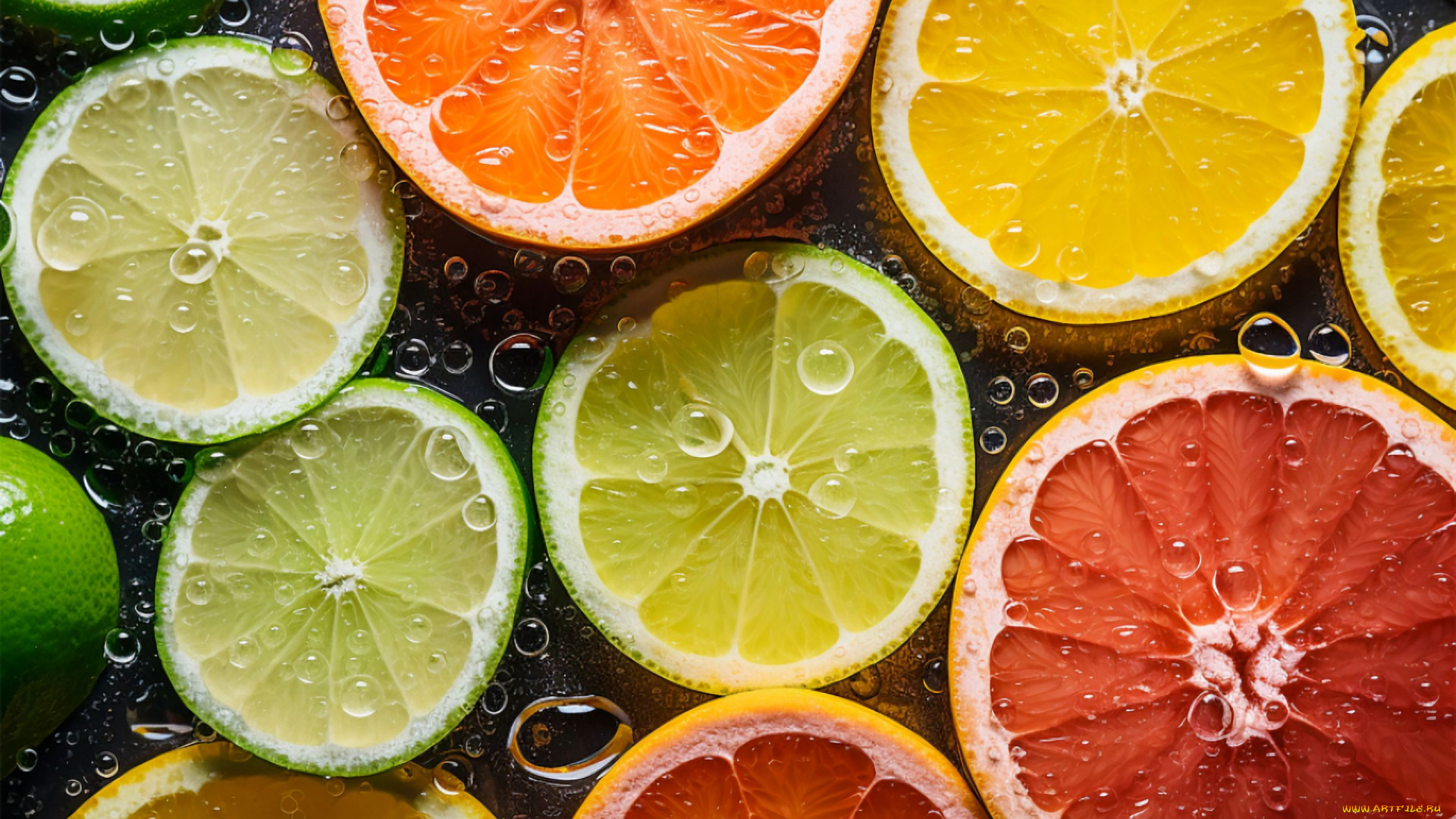 еда, цитрусы, апельсин, лайм, лимон, вода, капли