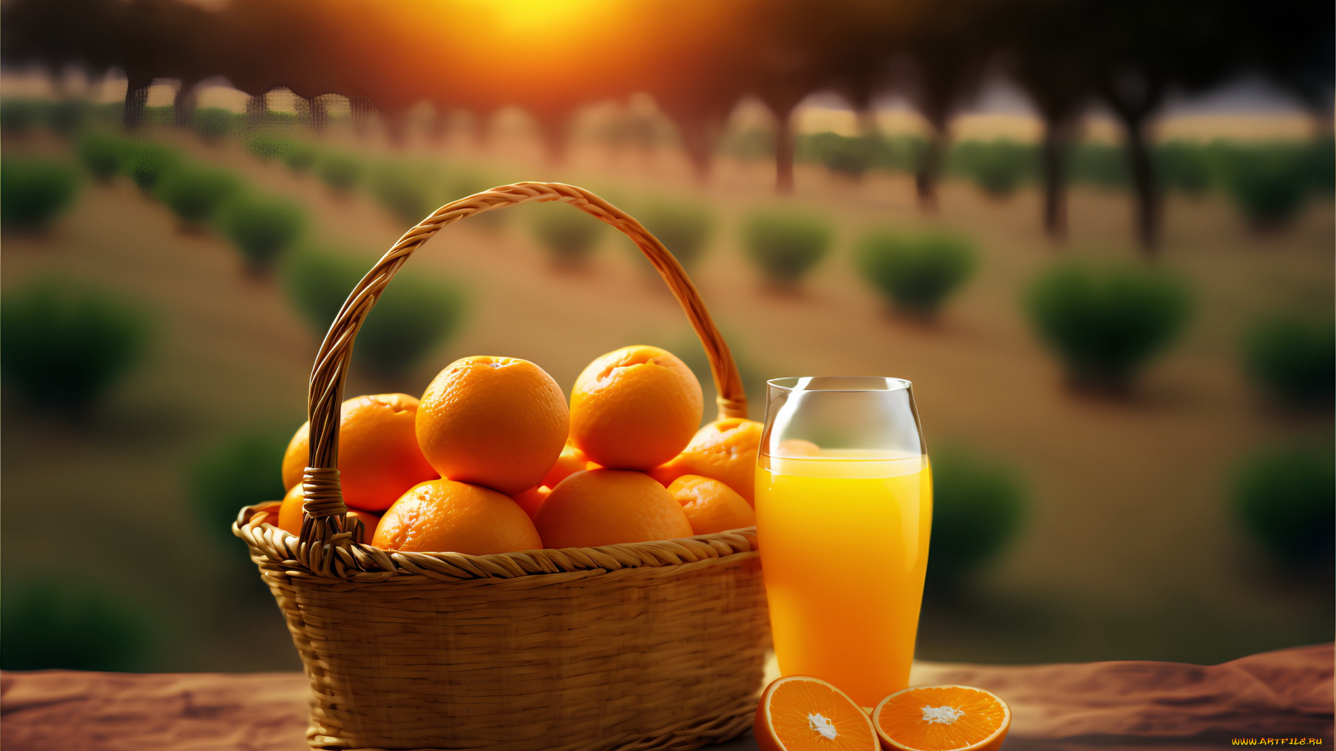 еда, цитрусы, корзинка, апельсины, стакан, сок