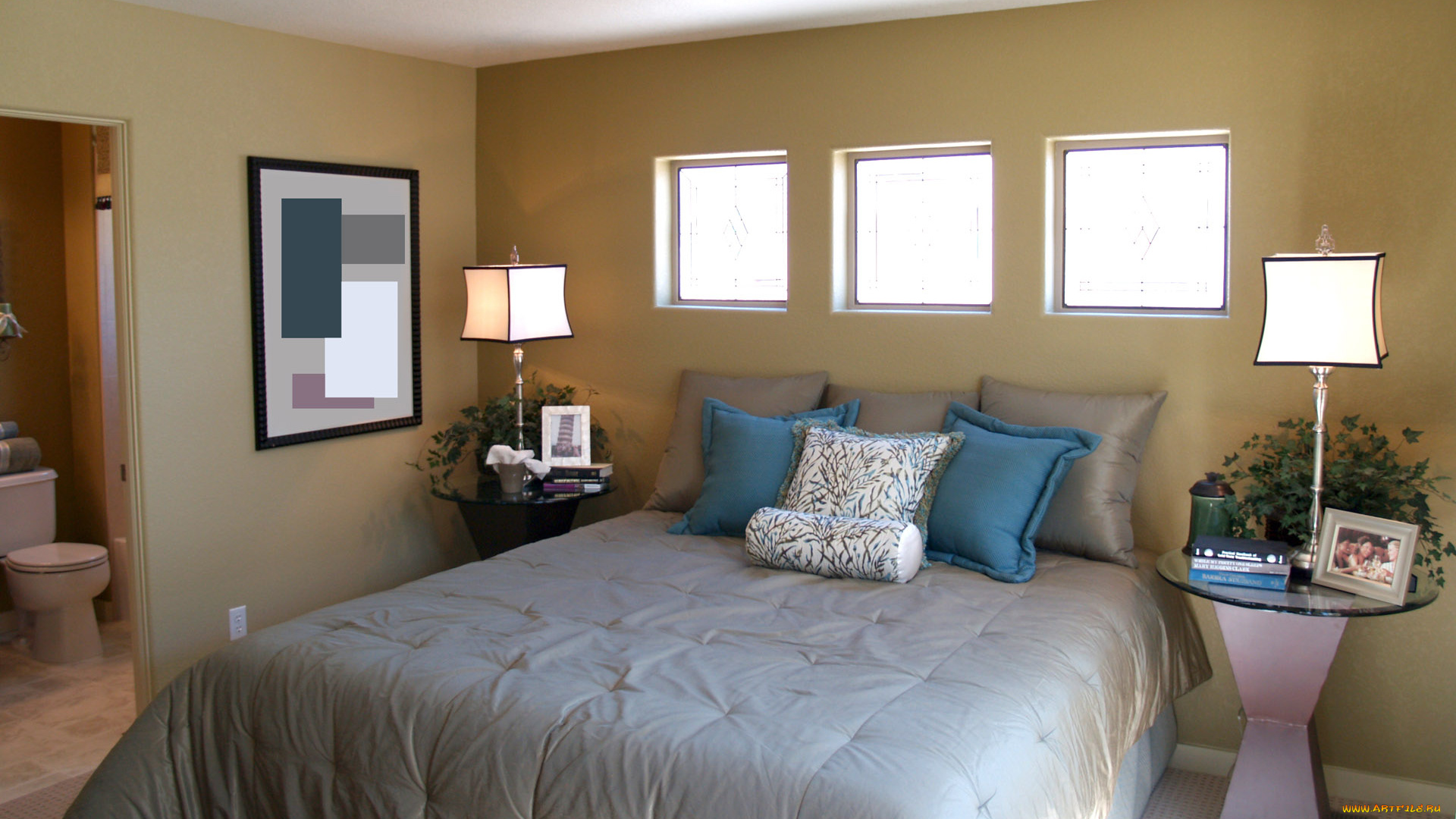 интерьер, спальня, кровать, торшеры, окна