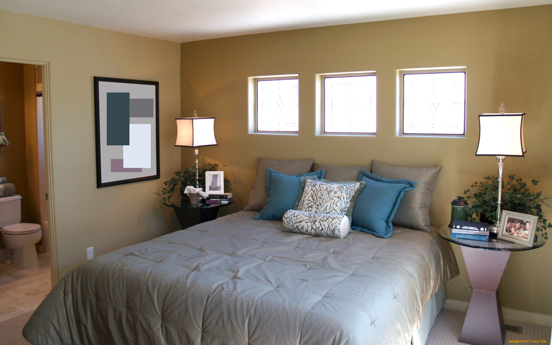 интерьер, спальня, кровать, торшеры, окна