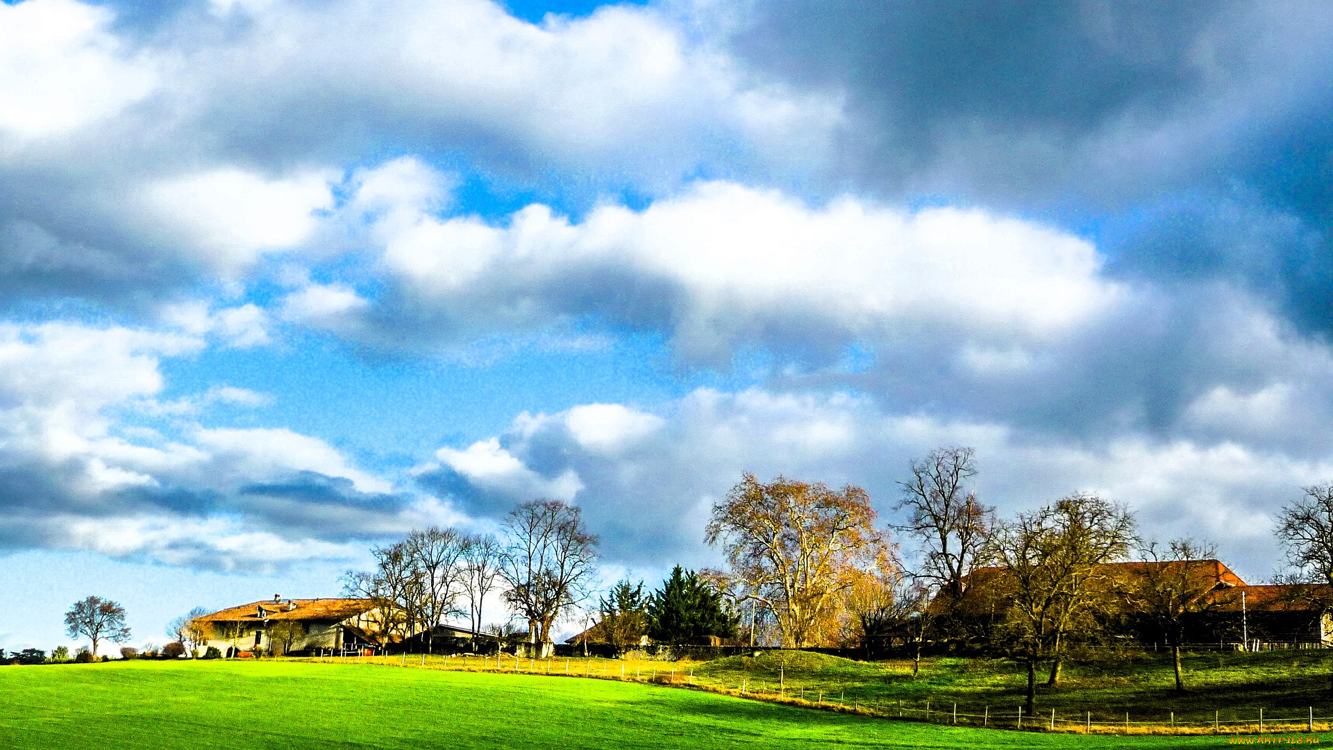 города, -, здания, , дома, деревня, дома, осень, деревья, облака, поля