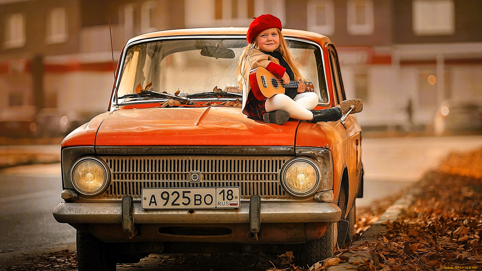 разное, дети, девочка, берет, гитара, машина, листья, осень, дом