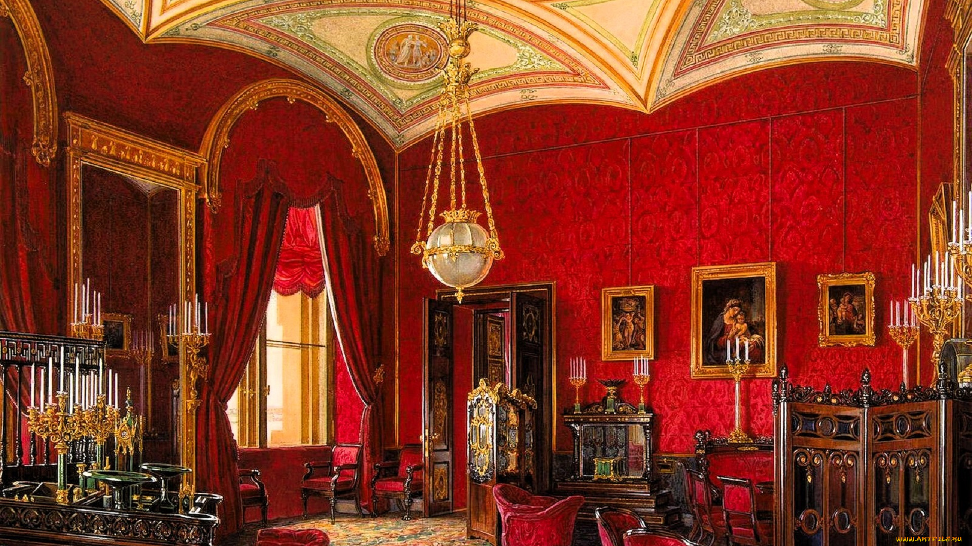 рисованное, эдуард, гау, дворец, интерьер, комната, лепнина, люстра, свечи, ширма, картины, кресла, ковер