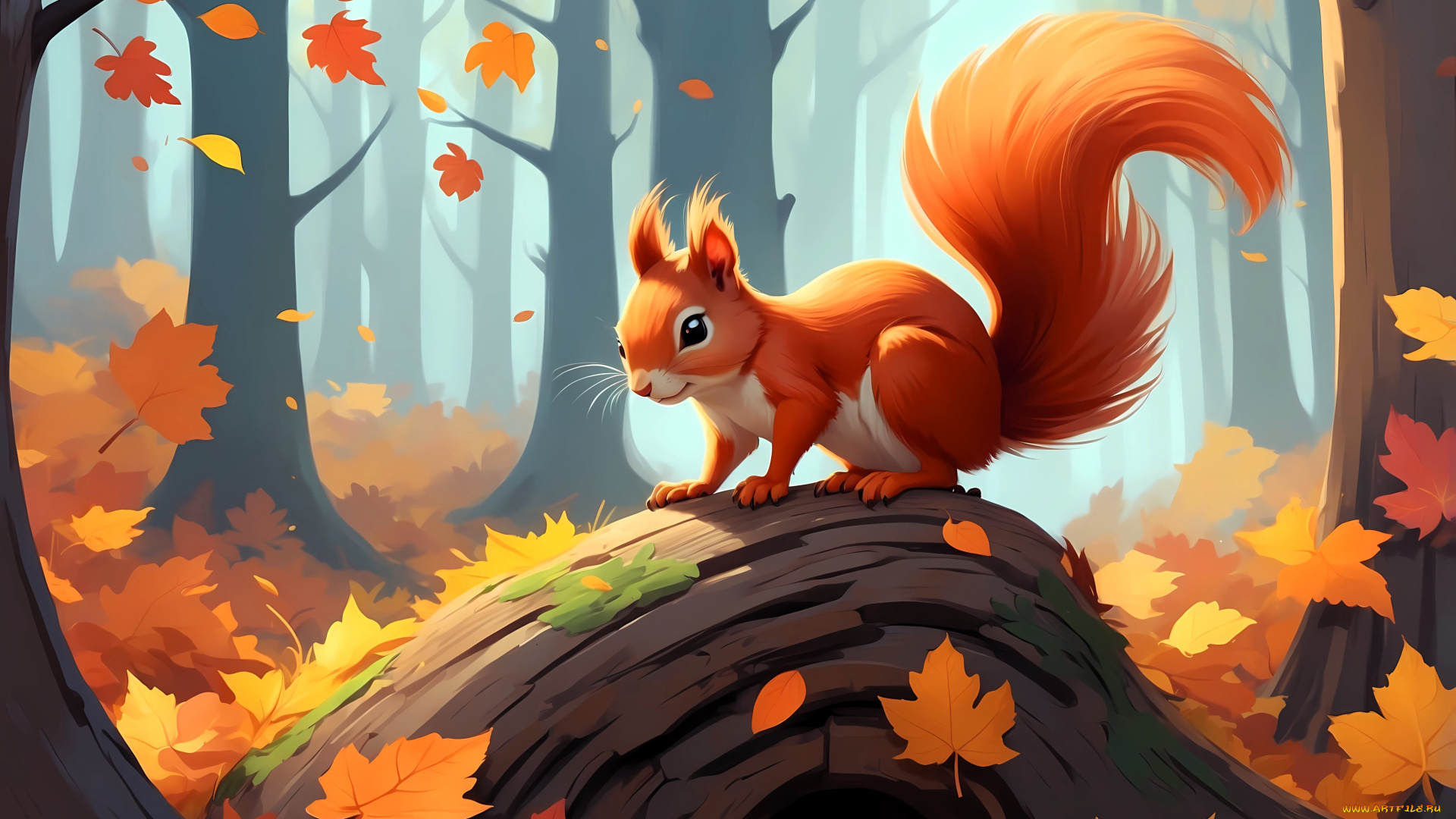 рисованное, животные, , белки, белка, бревно, лес, осень, листья, деревья