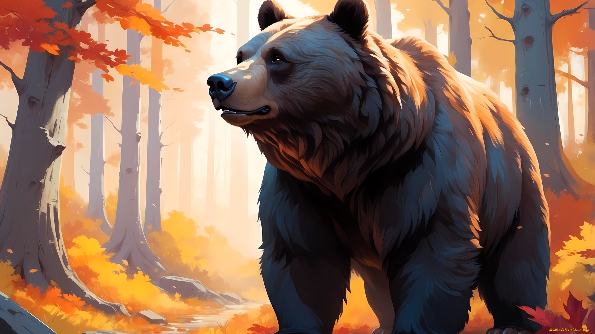 рисованное, животные, , медведи, медведь, лес, осень, деревья, листья, камни