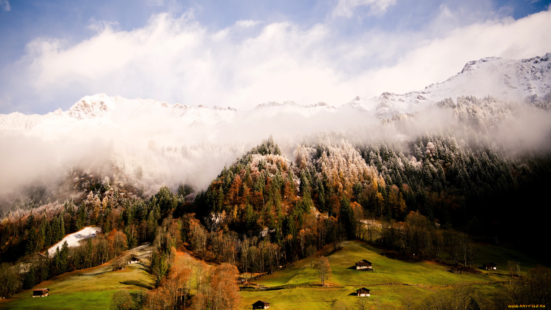 швейцария, города, -, пейзажи, горы, дома, склон, облака, снег, лес, деревья, осень