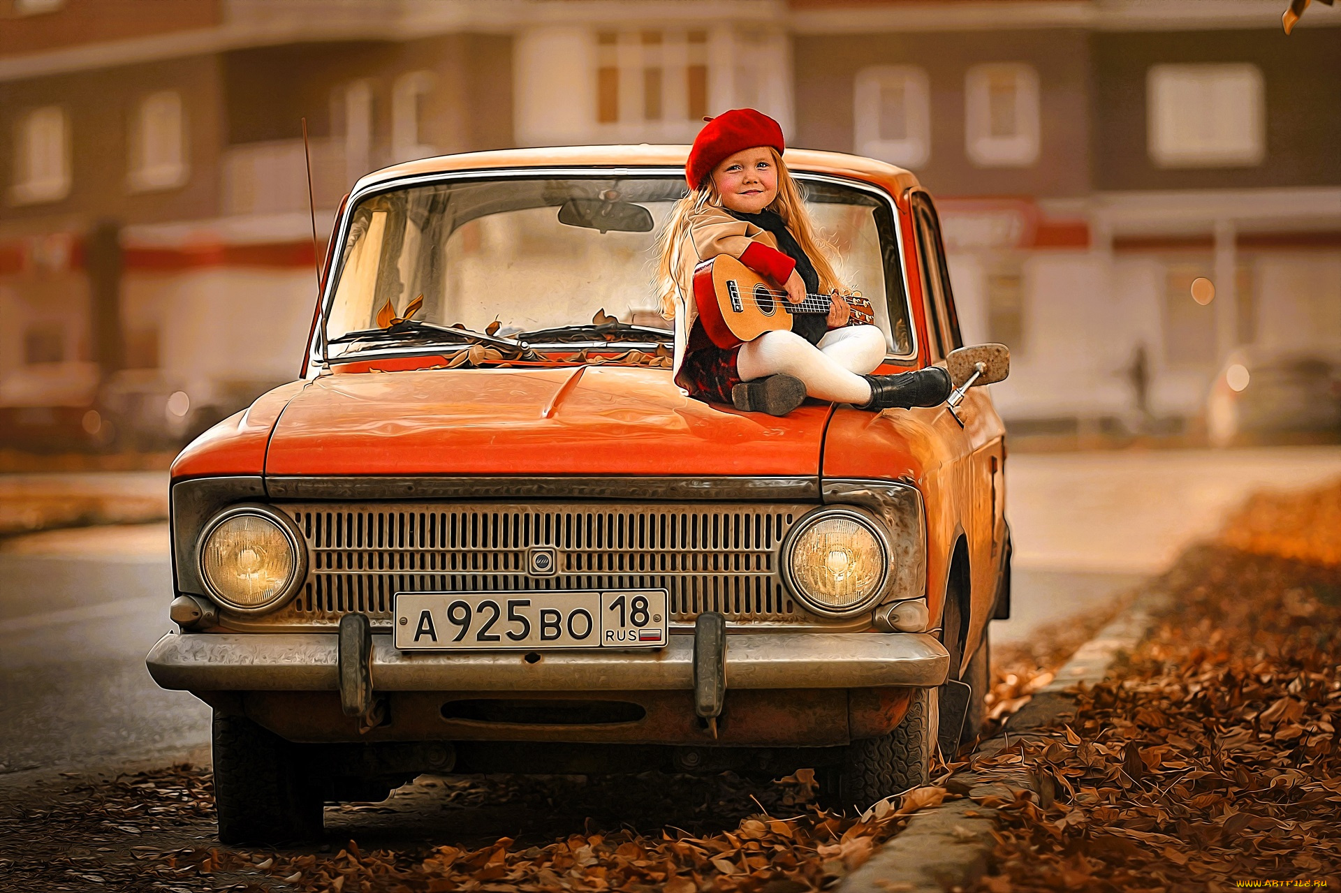 разное, дети, девочка, берет, гитара, машина, листья, осень, дом