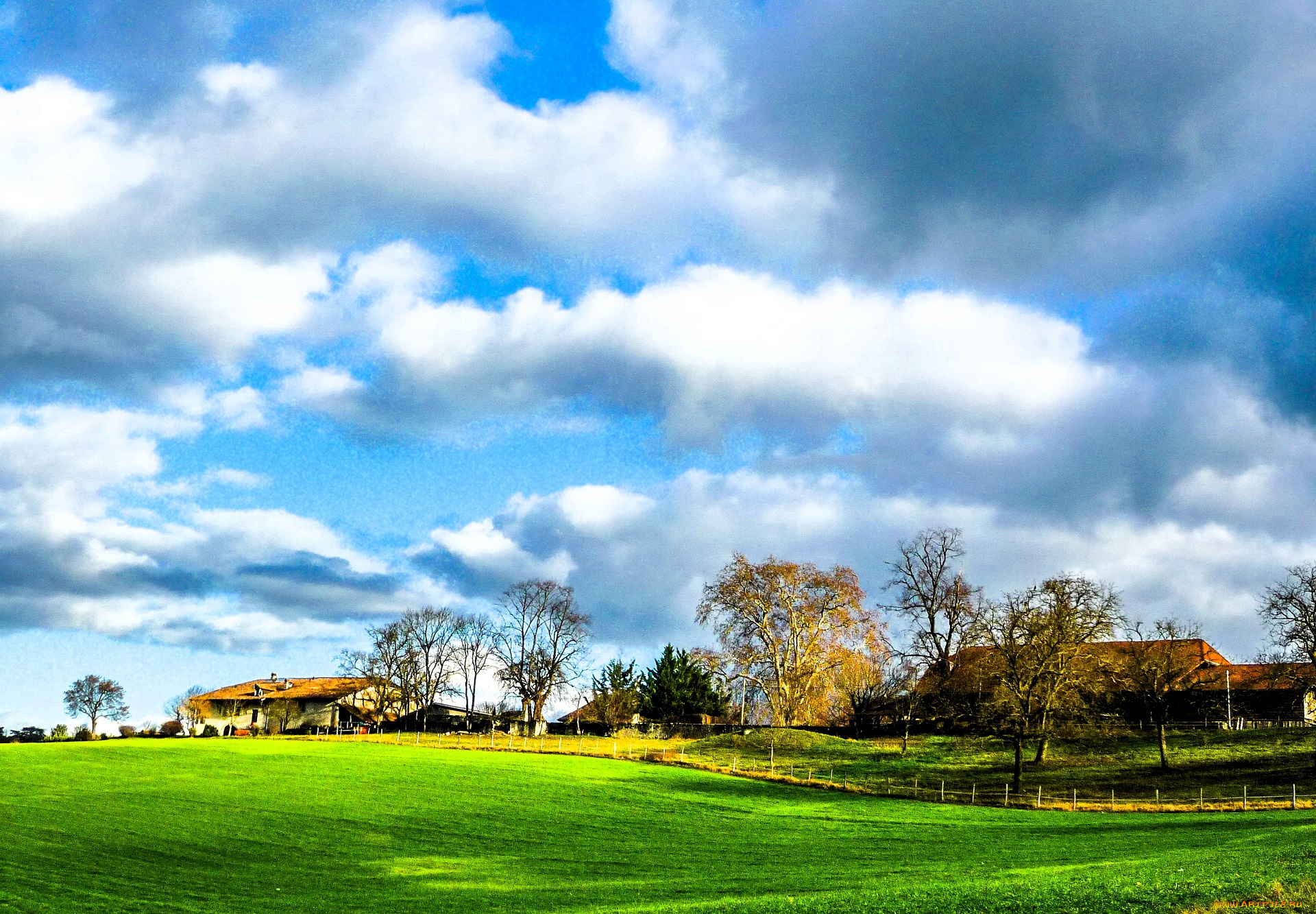 города, -, здания, , дома, деревня, дома, осень, деревья, облака, поля