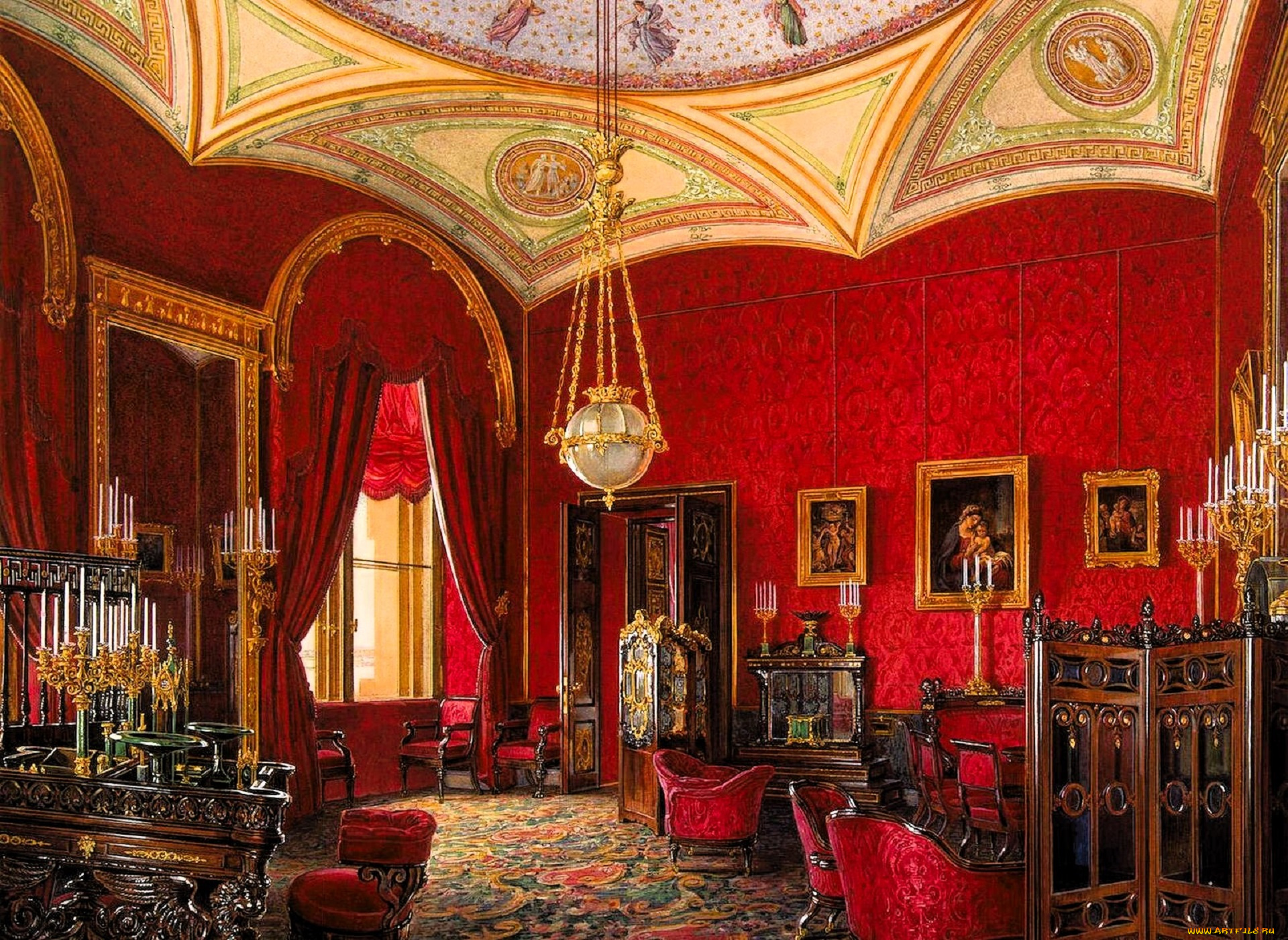 рисованное, эдуард, гау, дворец, интерьер, комната, лепнина, люстра, свечи, ширма, картины, кресла, ковер