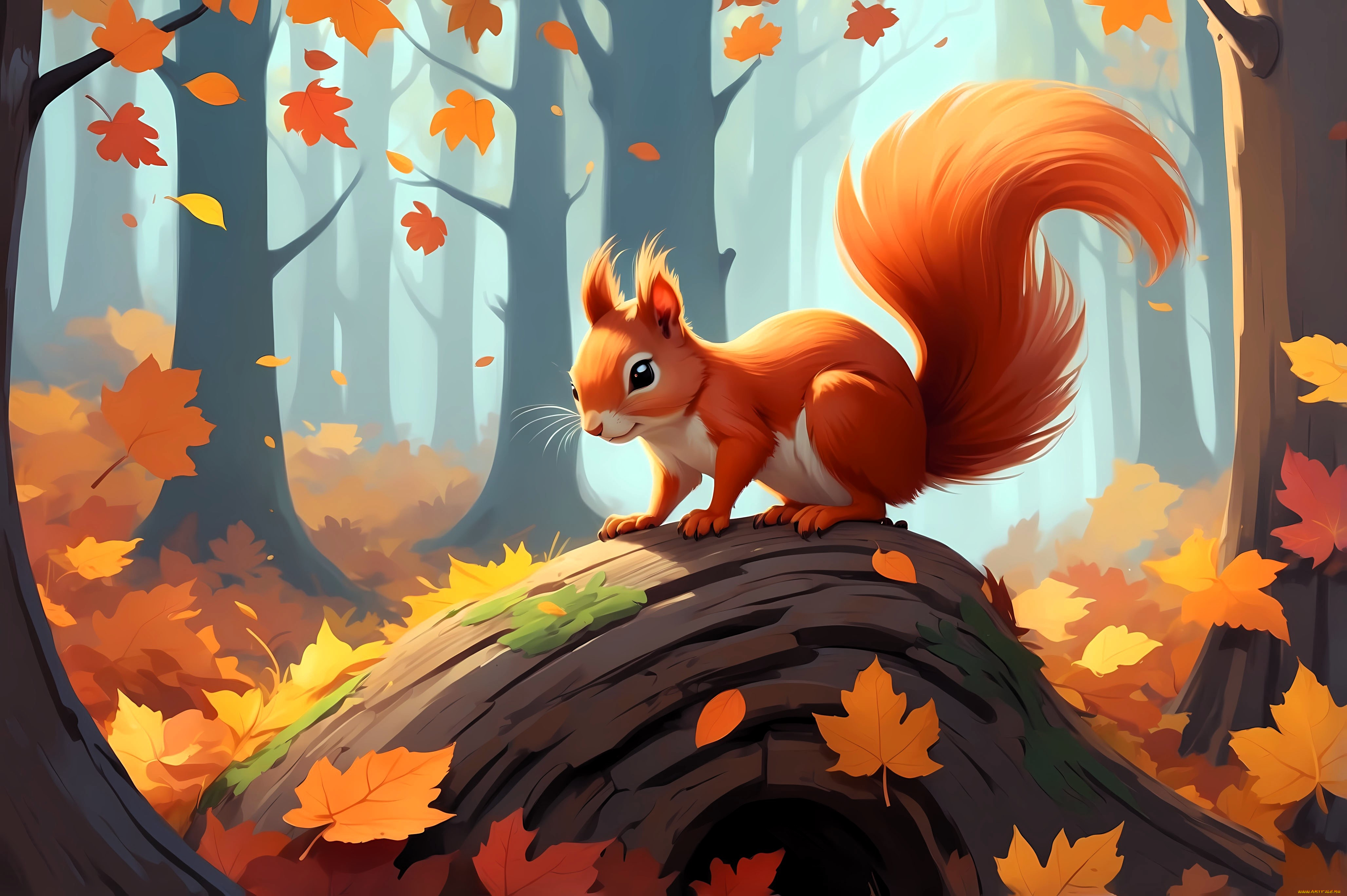 рисованное, животные, , белки, белка, бревно, лес, осень, листья, деревья