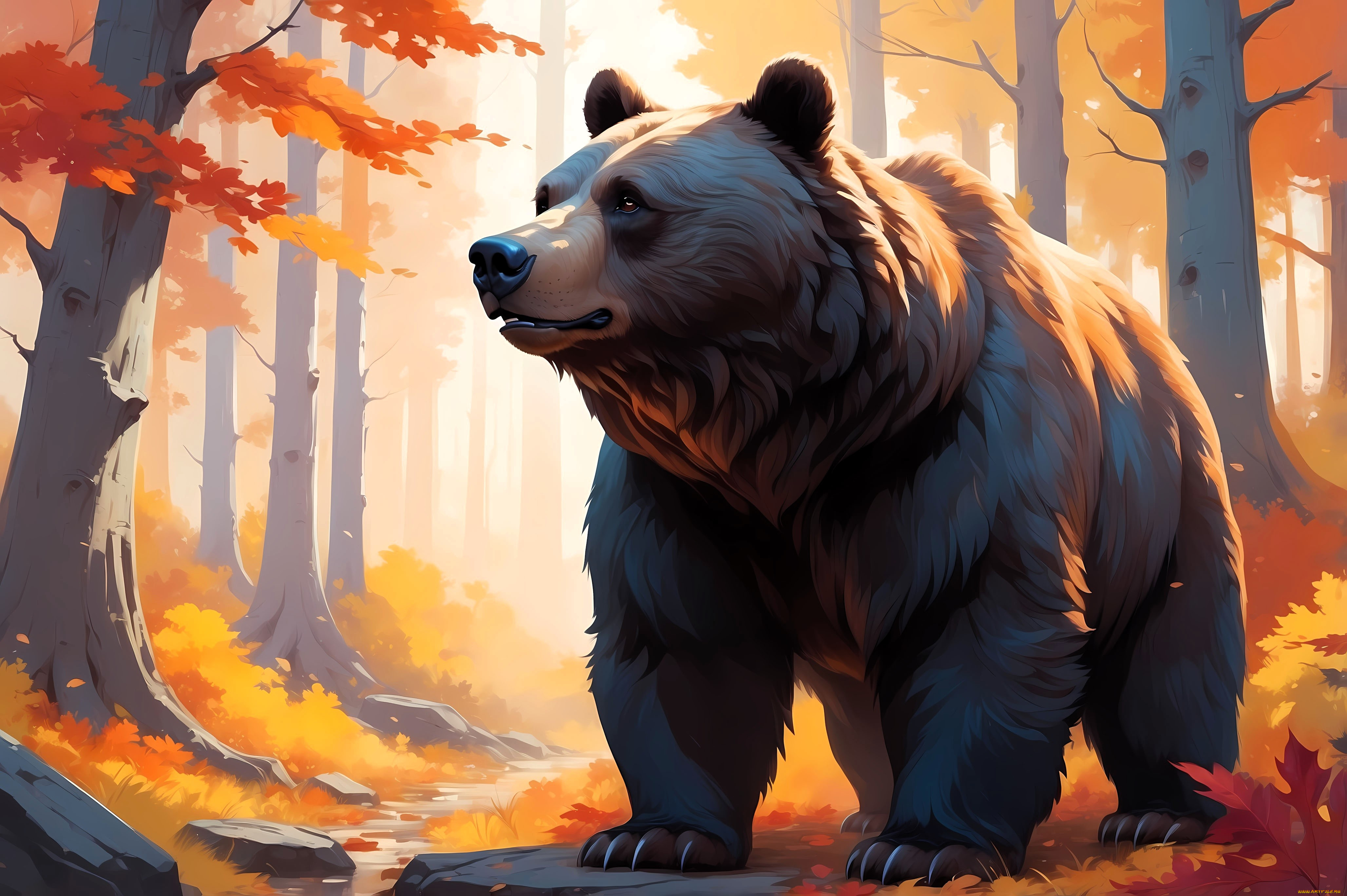 рисованное, животные, , медведи, медведь, лес, осень, деревья, листья, камни