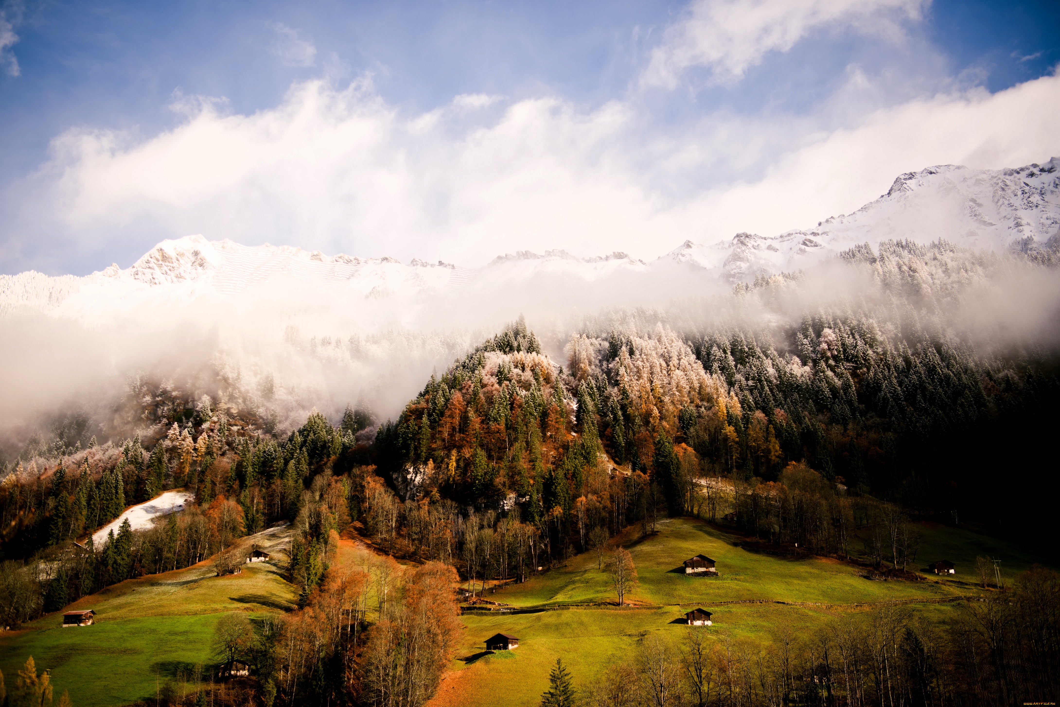 швейцария, города, -, пейзажи, горы, дома, склон, облака, снег, лес, деревья, осень
