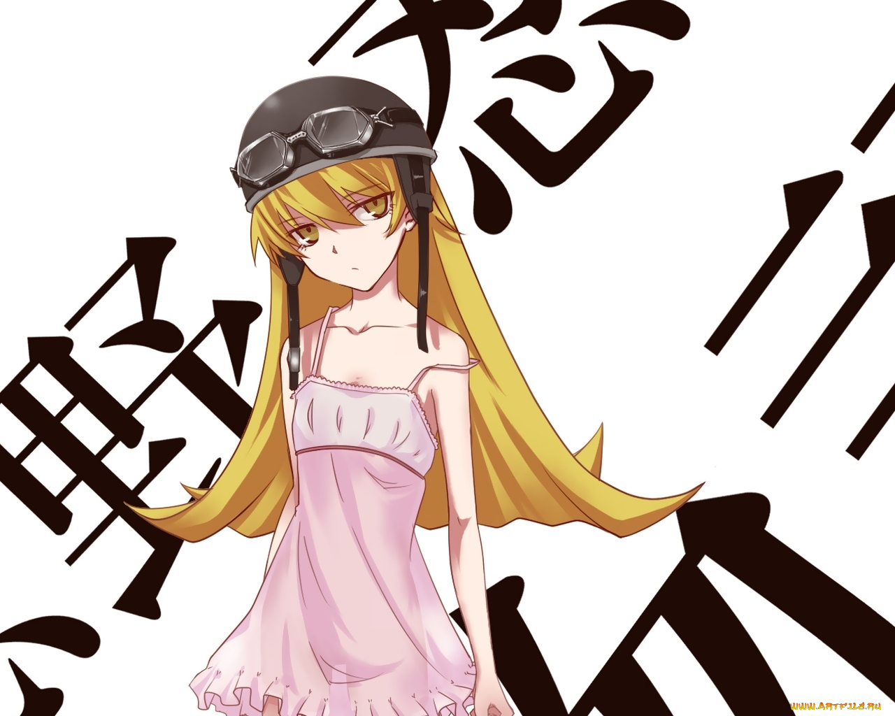 аниме, bakemonogatari, oshino, shinobu, девушка, платье, шлем, иероглиф, надпись