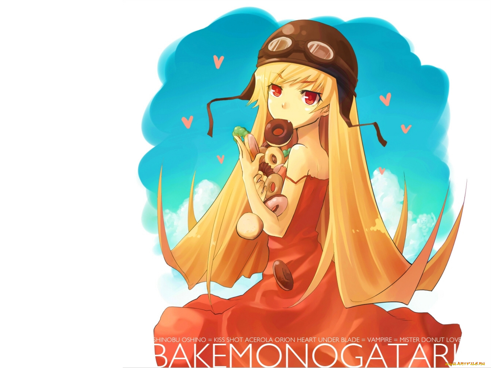 аниме, bakemonogatari, oshino, shinobu, девушка, платье, шлем, пончик, еда
