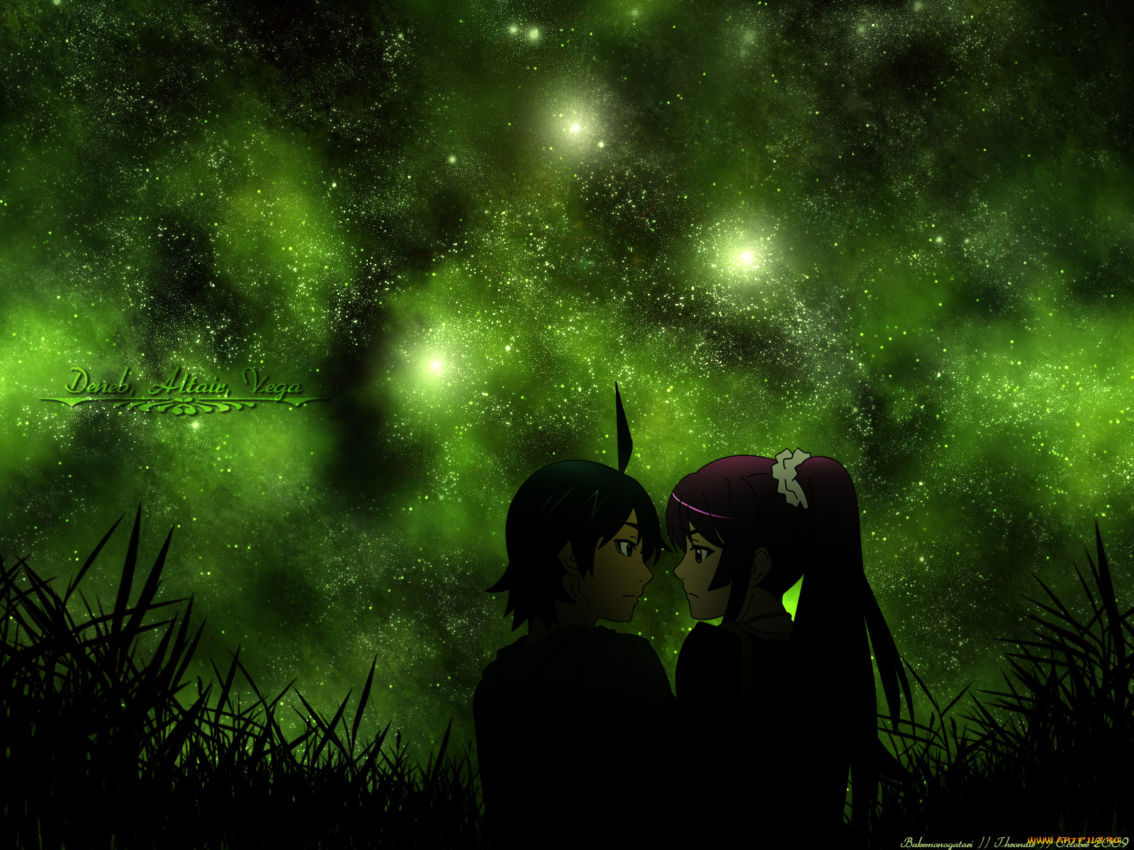 аниме, bakemonogatari, senjougahara, hitagi, araragi, koyomi, девушка, мужчина, ночь, звезды, пара, трава