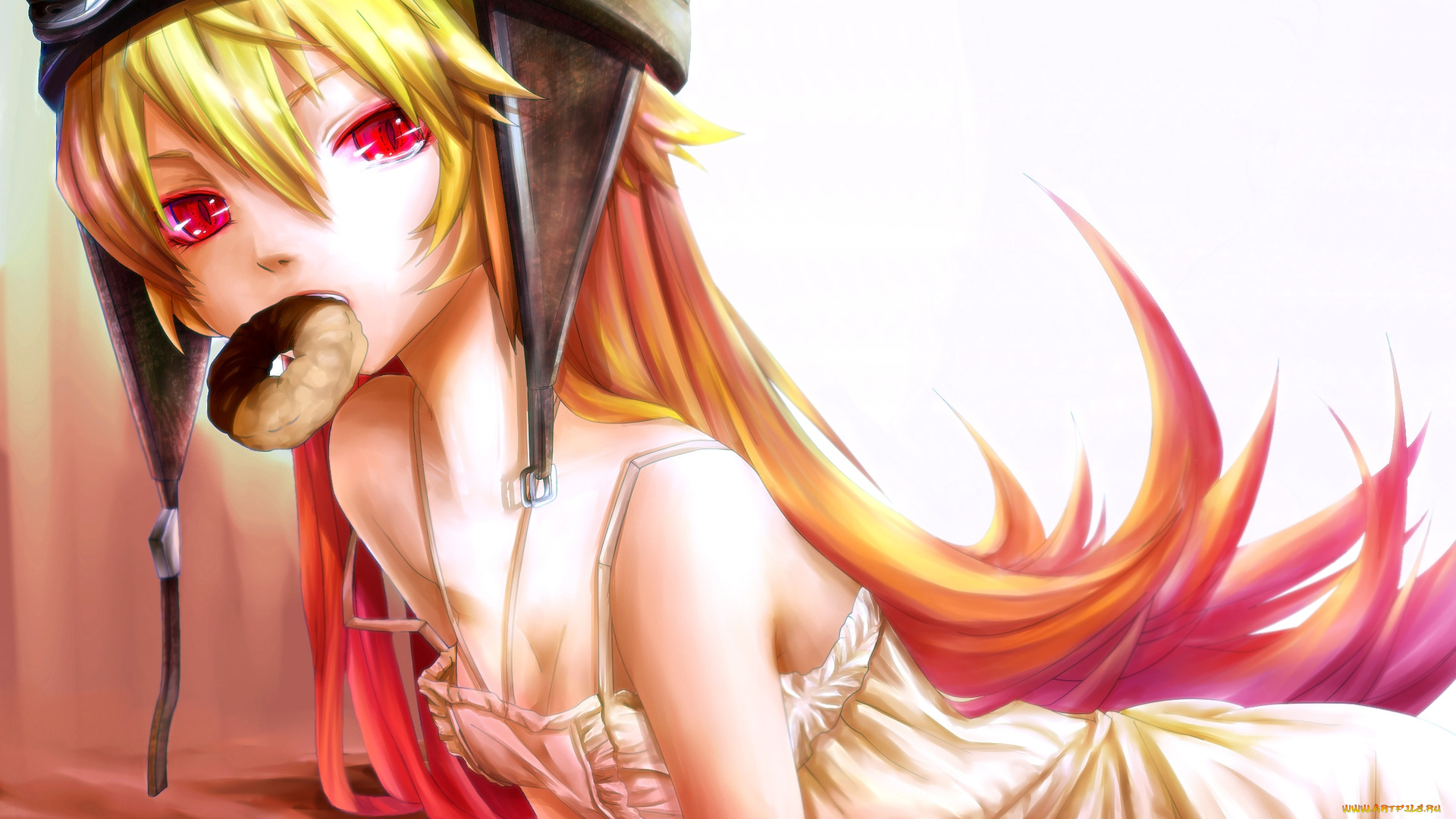 аниме, bakemonogatari, oshino, shinobu, девушка, платье, шлем, пончик, еда