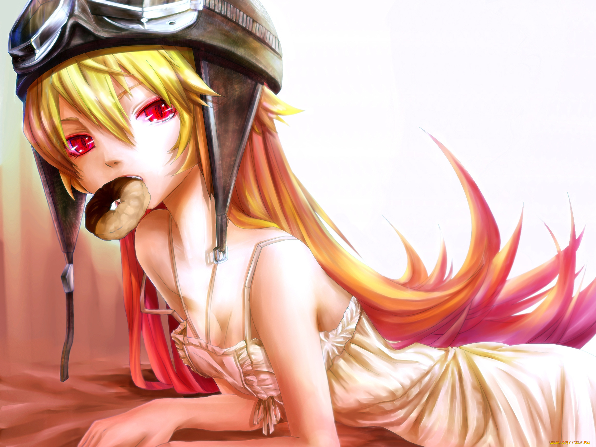 аниме, bakemonogatari, oshino, shinobu, девушка, платье, шлем, пончик, еда