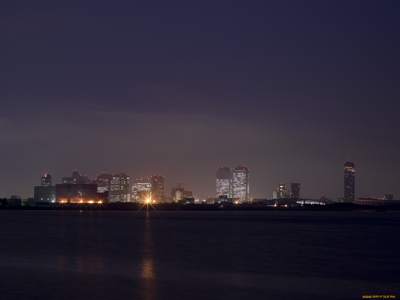 города, огни, ночного, вода, ночь, дома